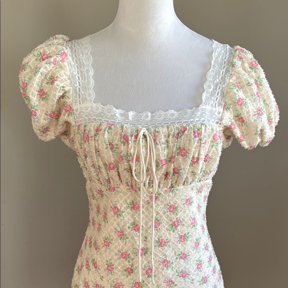 For Love & Lemons Maxine Vintage Rose Pink Floral Puff Sleeve Mini Dress Size M - Picture 7 of 17